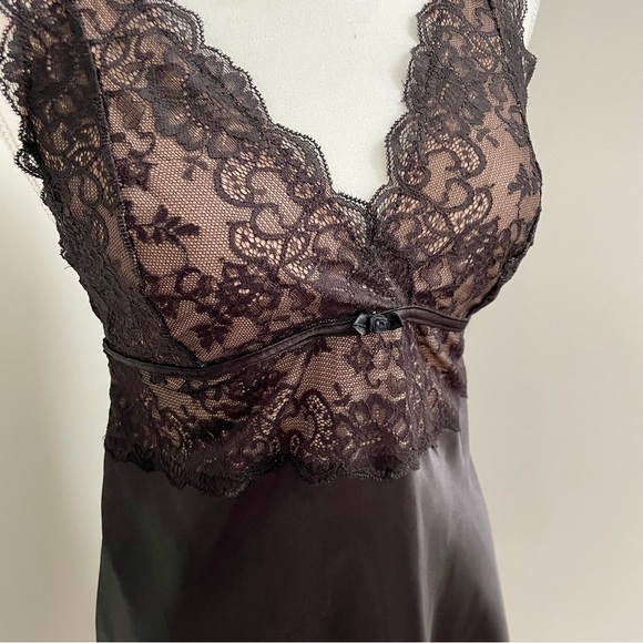 Vintage Y2K Chocolate Brown Jones New York Lace Satin Babydoll Slip Dress Size M - Picture 3 of 5